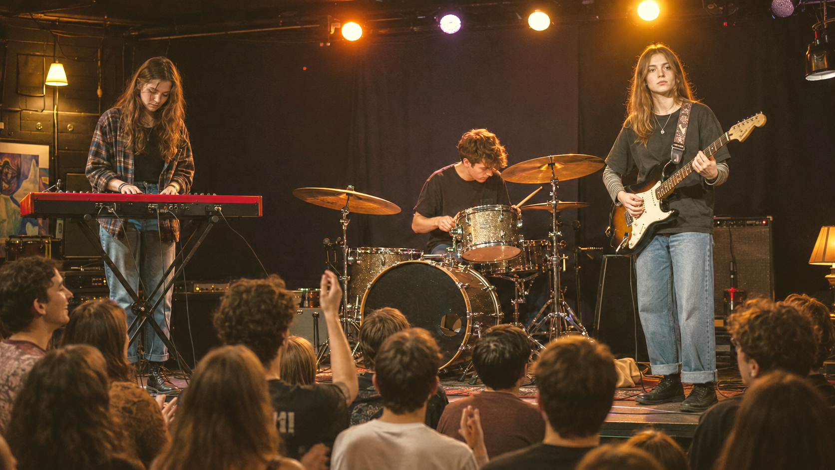 A band performing keyboard, drums, and guitar on stage
